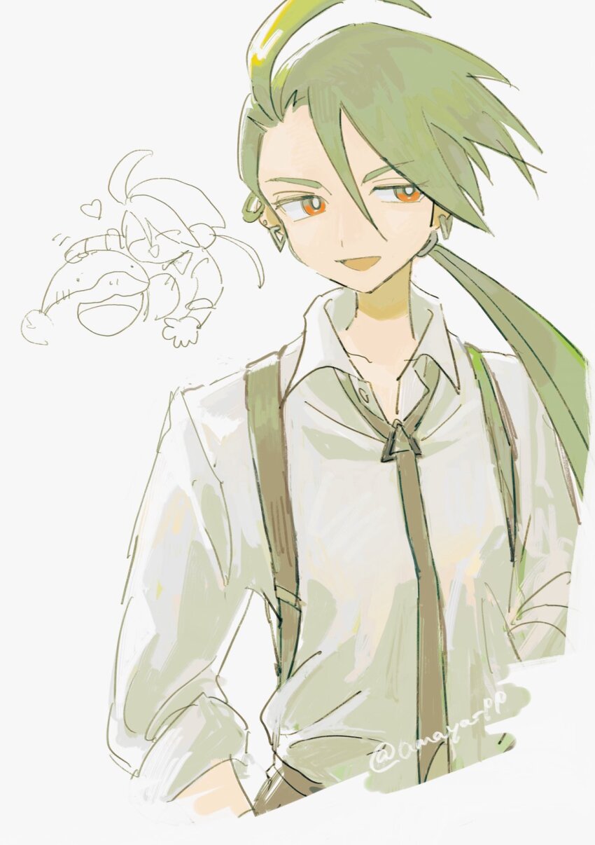 1girl :d ahoge amaya_uw bright_pupils clodsire collared_shirt commentary_request earrings green_hair heart highres jewelry long_hair multiple_views necktie nintendo open_mouth orange_eyes pokemon pokemon_(creature) pokemon_sv rika_(pokemon) shirt smile suspenders white_background