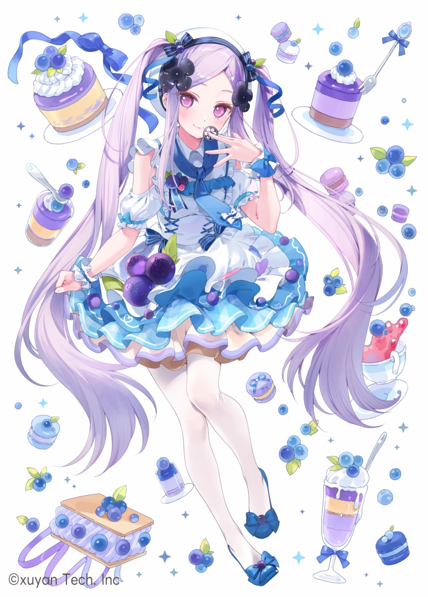 1girl a20_(atsumaru) blue_dress blueberry copyright_request dress food frilled_sleeves frills fruit hairband highres long_hair official_art pantyhose purple_eyes purple_hair twintails white_pantyhose