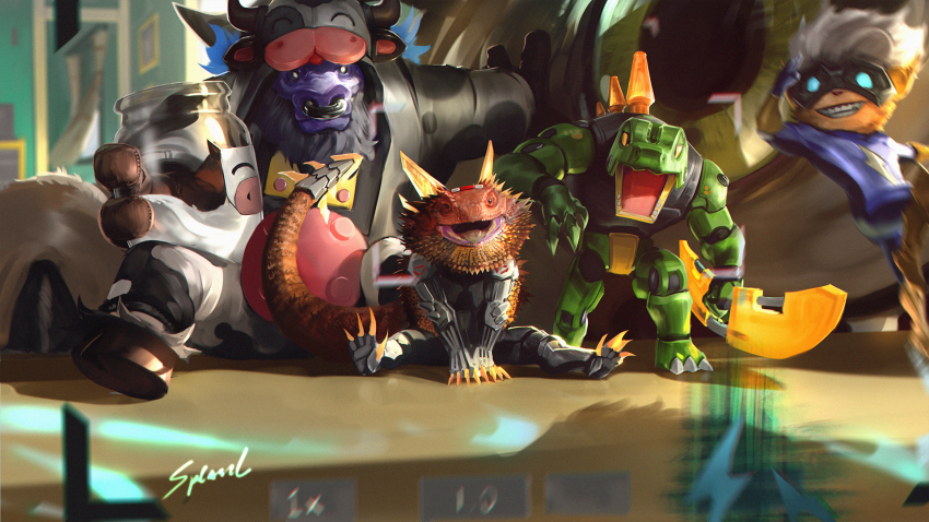 3boys alistar_(league_of_legends) blouse blue_shirt bottle character_request check_character claws creature eye_focus glowing glowing_eyes grin highres holding holding_bottle kennen kog&#039;maw league_of_legends long_hair moo_cow_alistar multiple_boys open_mouth pug&#039;maw renekton renektoy shirt sitting skaarl smile super_kennen teeth wutu_(1183238220)