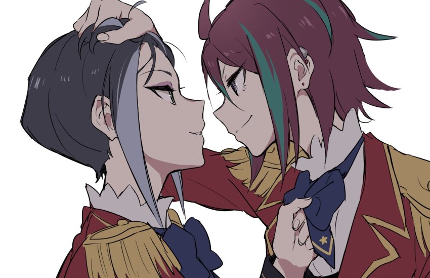 2girls aikatsu!_(series) aikatsu_stars! bad_id bad_twitter_id black_hair blue_hair closed_mouth clothes_grab collar_grab epaulettes eye_contact eyeshadow from_side grabbing_another&#039;s_hair green_eyes hibiki_anna jacket long_sleeves looking_at_another makeup multicolored_hair multiple_girls neckwear_grab pink_eyeshadow red_jacket s4_uniform shiontaso short_hair simple_background smile streaked_hair two-tone_hair upper_body white_background yachigusa_momoko