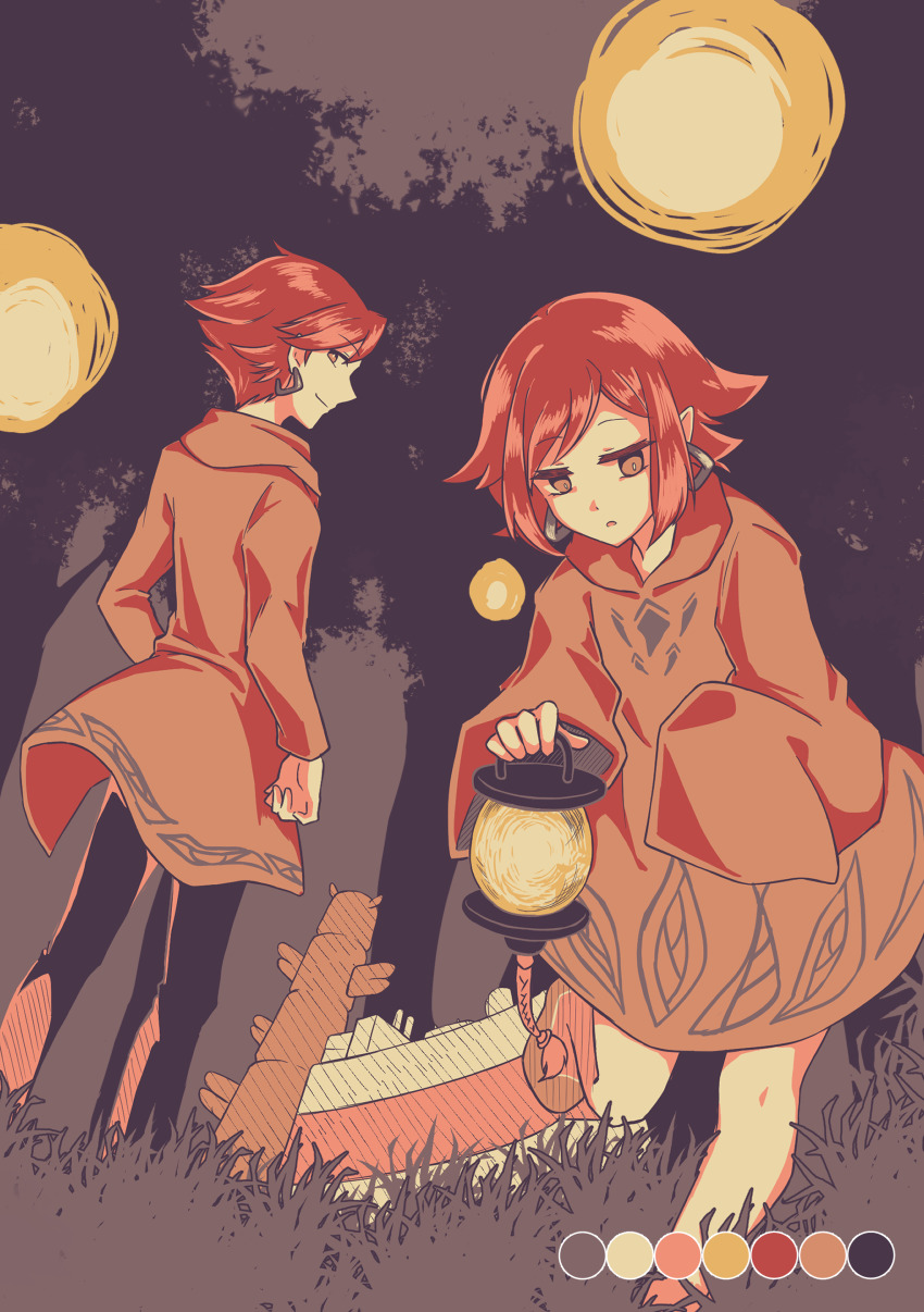 1boy 1girl absurdres brother_and_sister dress earrings eddie_(woasu) forest fukuro_(woasu) highres jewelry lantern long_sleeves looking_at_another looking_down nature orange_eyes pale_skin pointy_ears red_hair short_hair siblings sleeves_past_fingers sleeves_past_wrists tree trtn walking_on_a_star_unknown