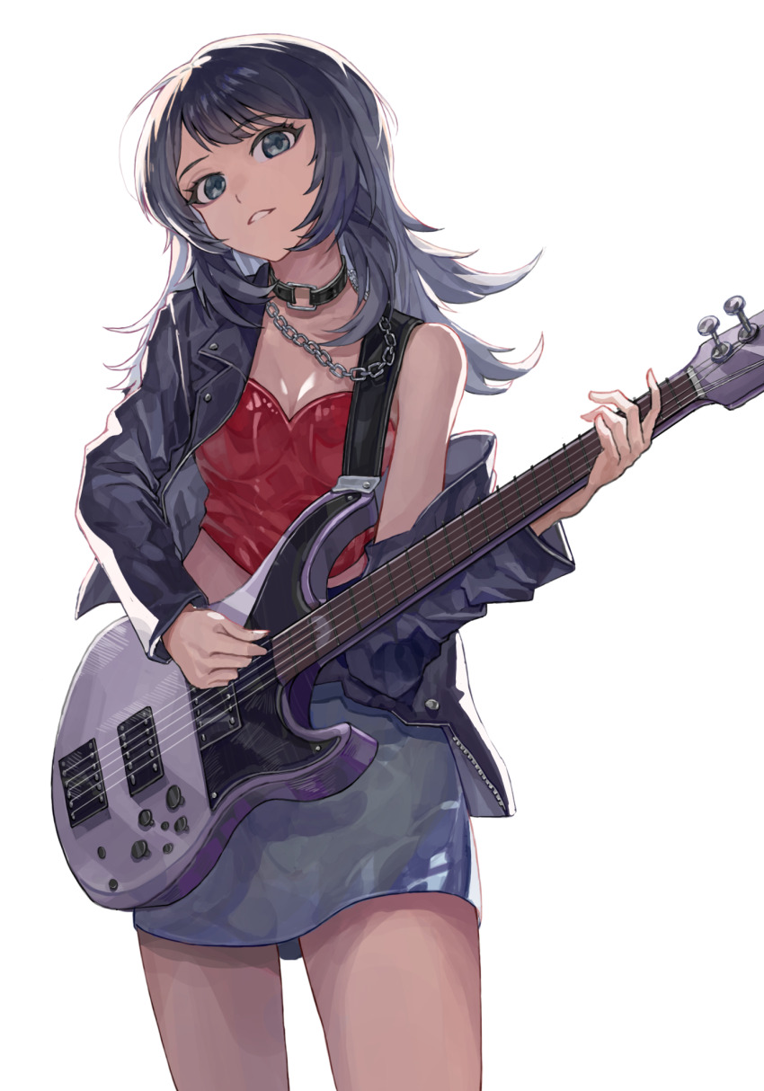 1girl 5-string_bass_guitar bang_dream! bang_dream!_it&#039;s_mygo!!!!! black-framed_eyewear black_choker black_jacket blacky1266859 blue_eyes chain chain_necklace choker commentary bass_guitar grey_skirt highres jacket jewelry long_hair looking_at_viewer necklace o-ring o-ring_choker open_mouth red_shirt shirt simple_background single_off_shoulder skirt solo white_background yahata_umiri