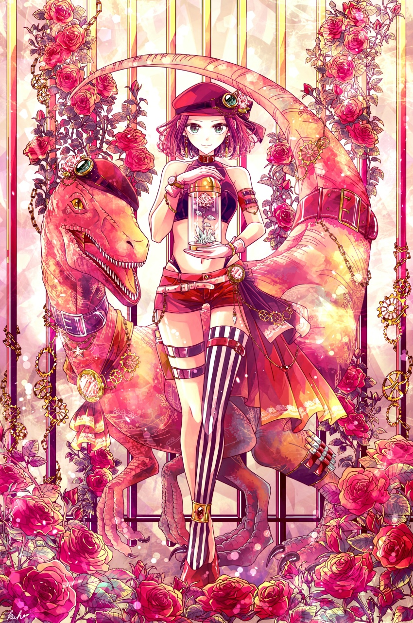 1girl absurdres animal anklet arm_garter bare_shoulders bars bell_jar belt belt_buckle belt_chain black_shirt bob_cut bracelet buckle newsboy_cap closed_mouth clothed_animal crop_top crossed_ankles crystal crystal_flower dinosaur earrings flower full_body gears gem gloves goggles goggles_on_headwear green_eyes hat hat_flower high_heels highleg highleg_panties highres holding holding_jar jar jewelry kuh_tapiru leaf midriff original panties parted_bangs plant pouch purple_hair red_flower red_footwear red_gemstone red_hat red_rose red_shorts red_theme rose shirt short_hair short_shorts shorts single_thighhigh sleeveless sleeveless_shirt sleeveless_turtleneck smile solo standing straight-on striped_clothes striped_thighhighs tail_belt test_tube test_tube_holster thigh_belt thigh_pouch thigh_strap thighhighs turtleneck underwear velociraptor vertical-striped_clothes vertical-striped_thighhighs vines waist_cape white_belt white_gloves