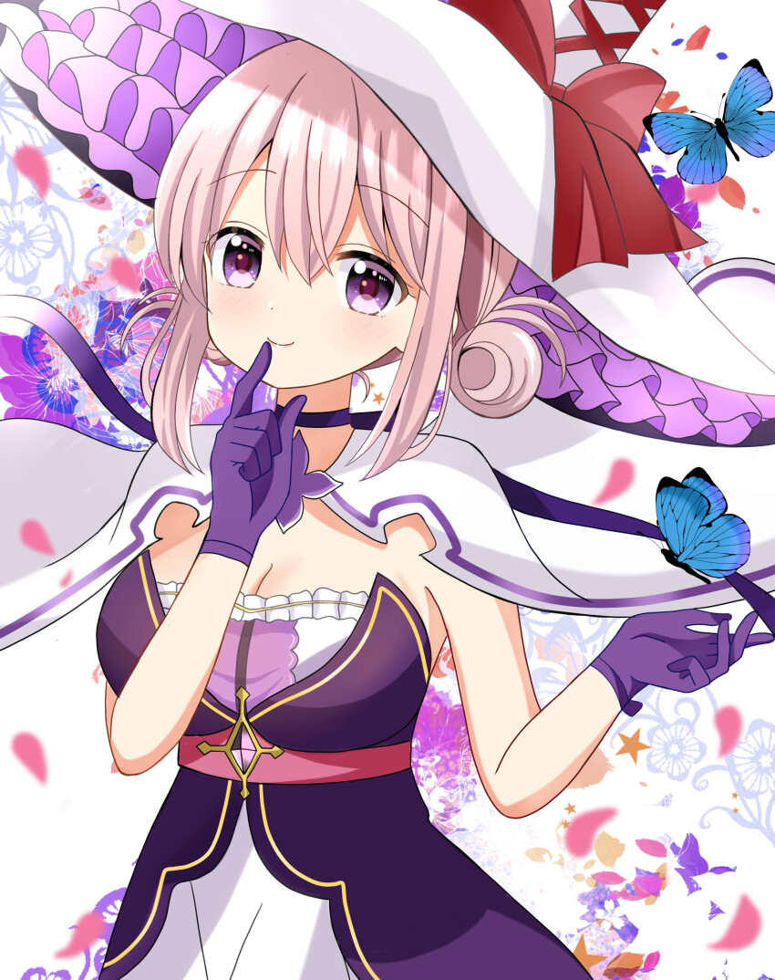 1girl absurdres bow breasts brown_hair bug butterfly cape cleavage closed_mouth commentary_request double_bun dress floral_background flower gloves hair_between_eyes hair_bun hands_up hat hat_bow highres insect majo_wa_mangetsu_ni_saku medium_breasts minato_shima petals purple_eyes purple_flower purple_gloves red_bow ryoutan sidelocks simple_background smile solo strapless strapless_dress white_background white_cape white_dress white_hat witch_hat