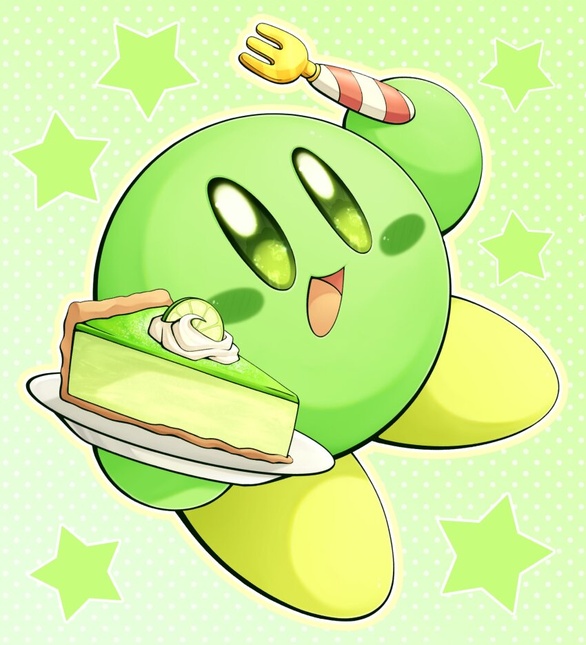 alternate_color blush_stickers cake cake_slice colored_skin food fork fruit green_background green_skin highres holding holding_fork holding_plate kirby kirby_(series) lime_(fruit) lime_slice looking_at_viewer nintendo no_humans open_mouth plate slys_(jesterdysphoria) smile solid_oval_eyes solo star_(symbol)