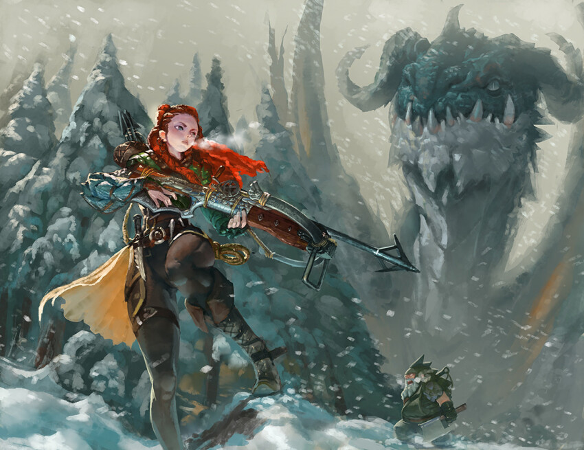 1boy 1girl axe blue_eyes boots bow_(weapon) braid braided_ponytail brown_boots brown_pants cape closed_mouth commentary crossbow crossbow_bolt dragon earrings english_commentary fantasy foot_out_of_frame forest full_body gloves green_gloves green_hat green_jacket green_pants hat holding holding_axe holding_crossbow holding_weapon jacket jewelry kim_junghun knife long_hair looking_to_the_side nature open_mouth original outdoors pants red_hair rope snowing steam_from_mouth teeth weapon yellow_cape