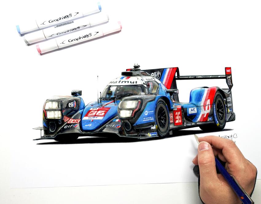 absurdres alpine_(carmaker) alpine_a480 anthony-c art_tools_in_frame artist&#039;s_hand_in_frame blue_car car commentary english_commentary french_flag highres le_mans_prototype motor_vehicle race_vehicle racecar signature spoiler_(automobile) sponsor vehicle_focus white_background world_endurance_championship