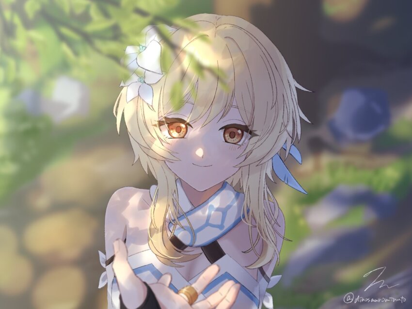 1girl aqua_flower arms_at_sides bare_shoulders blonde_hair blurry breasts cleavage collarbone criss-cross_halter depth_of_field detached_sleeves dinosaurominuto double-parted_bangs dress feather_hair_ornament feathers flower genshin_impact gloves gold_ring hair_between_eyes hair_flower hair_ornament halterneck jewelry knot light_blush looking_at_viewer lumine_(genshin_impact) middle_ring multicolored_flower open_hand partially_fingerless_gloves reaching reaching_towards_another ring scaramouche_(genshin_impact) scarf shade short_hair short_hair_with_long_locks sidelocks smile tree_shade twitter_username wanderer_(genshin_impact) white_dress white_flower white_scarf white_sleeves yellow_eyes