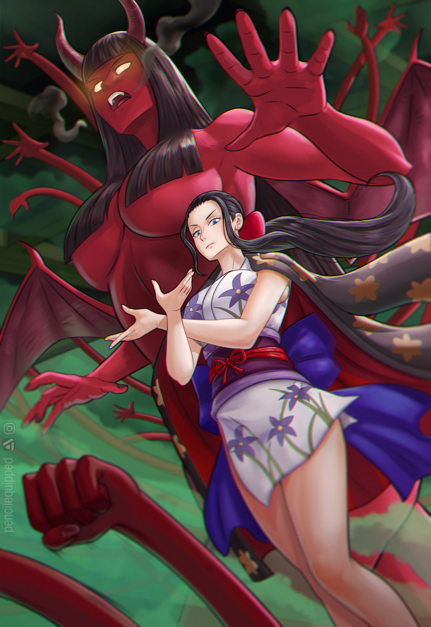 1girl artstation_username bare_arms bare_legs black_hair blue_eyes blunt_bangs bow clenched_hand colored_skin commentary crossed_arms demon_girl demonio_fleur disembodied_hand english_commentary extra_arms fangs floral_print floral_print_kimono green_light hair_bow hair_over_breasts hana_hana_no_mi haori highres horns instagram_username japanese_clothes kimono long_hair looking_at_viewer nico_robin nico_robin_(onigashima) obi one_piece pencilequipped ponytail print_kimono purple_sash red_bow red_horns red_skin sash short_kimono sleeveless sleeveless_kimono smoke white_kimono wings yellow_eyes