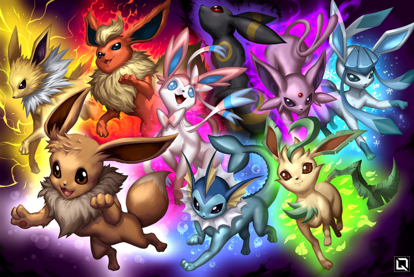 animal_focus blue_eyes blue_hair bow brown_eyes closed_mouth eevee espeon evolutionary_line fins flareon gen_1_pokemon gen_2_pokemon gen_4_pokemon gen_6_pokemon glaceon jolteon kuroi-tsuki leafeon long_hair nintendo open_mouth pokemon pokemon_(creature) purple_eyes red_eyes ribbon sidelocks signature smile sylveon umbreon