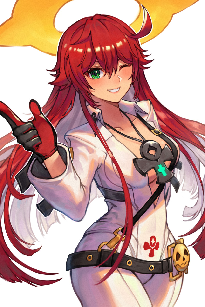 1girl 20060715 absurdres ankh ankh_necklace belt blush bodysuit breasts collarbone commentary_request floating floating_object gloves green_eyes guilty_gear guilty_gear_strive halo highres jack-o&#039;_valentine lips long_hair long_sleeves looking_at_viewer medium_breasts multicolored_hair one_eye_closed parted_lips red_hair simple_background smile solo white_bodysuit white_hair