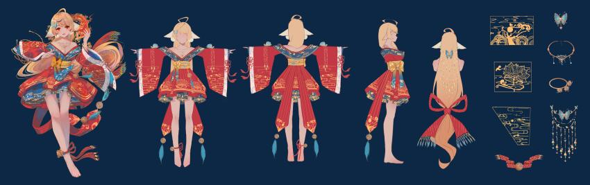 1girl absurdres ahoge animal_ears ankle_ribbon bare_legs bare_shoulders barefoot blonde_hair blue_background blue_butterfly bow bracelet breasts bug butterfly butterfly_hair_ornament reference_sheet chinese_clothes cleavage cloud_print crossed_legs dress dress_bow ears_down fire floating_hair floral_print fox_ears full_body grin hair_ornament hands_up hanfu highres huyao_xiao_hongniang incredibly_absurdres insect jewelry layered_dress leg_ribbon long_hair long_sleeves looking_at_viewer medium_breasts multiple_views necklace off-shoulder_dress off_shoulder outstretched_arms pyrokinesis red_dress red_eyes red_ribbon ribbon short_dress smile standing turnaround tushan_honghong very_long_hair watson_cross wide_sleeves yellow_bow yi_er_san