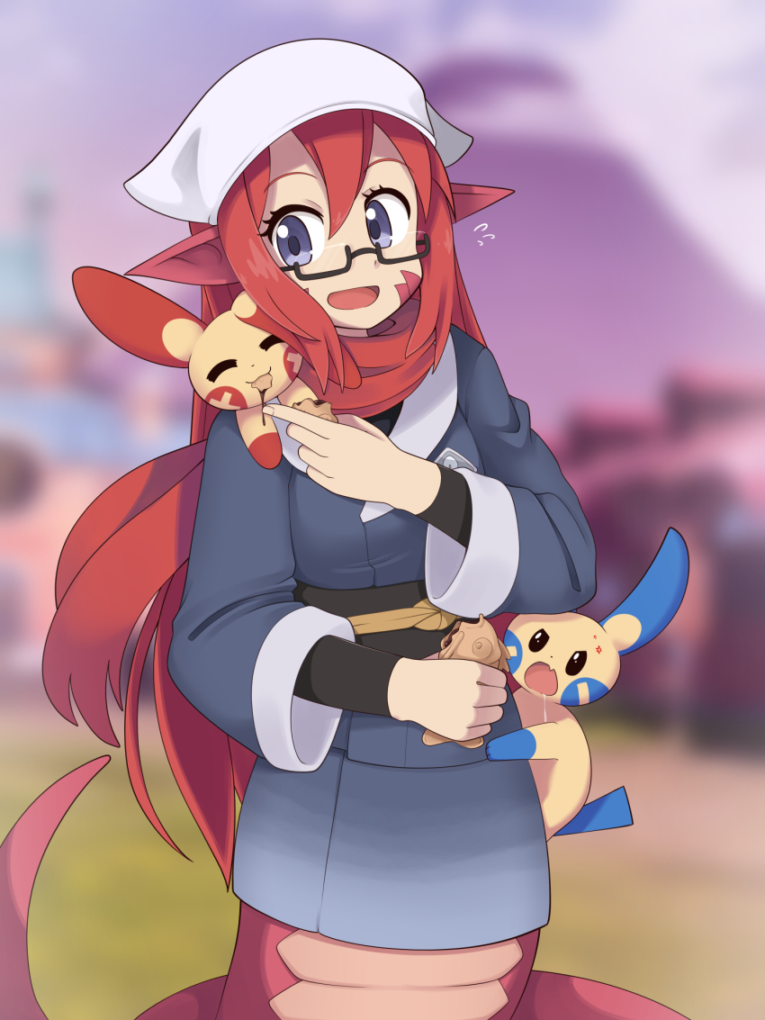 1girl akari_(pokemon) akari_(pokemon)_(cosplay) black-framed_eyewear black_sash black_shirt blurry blurry_background cherry_(snekfag) commentary cosplay day drooling eyelashes feeding flying_sweatdrops food gen_3_pokemon glasses grey_eyes grey_jacket grey_skirt hair_between_eyes headscarf highres holding holding_food izuthree jacket lamia long_hair looking_to_the_side minun monster_girl nintendo on_shoulder open_mouth original outdoors plusle pointy_ears pokemon pokemon_(creature) pokemon_legends:_arceus pokemon_on_shoulder red_hair saliva sash second-party_source semi-rimless_eyewear shirt sidelocks skirt smile taiyaki tongue wagashi white_headscarf white_headwear