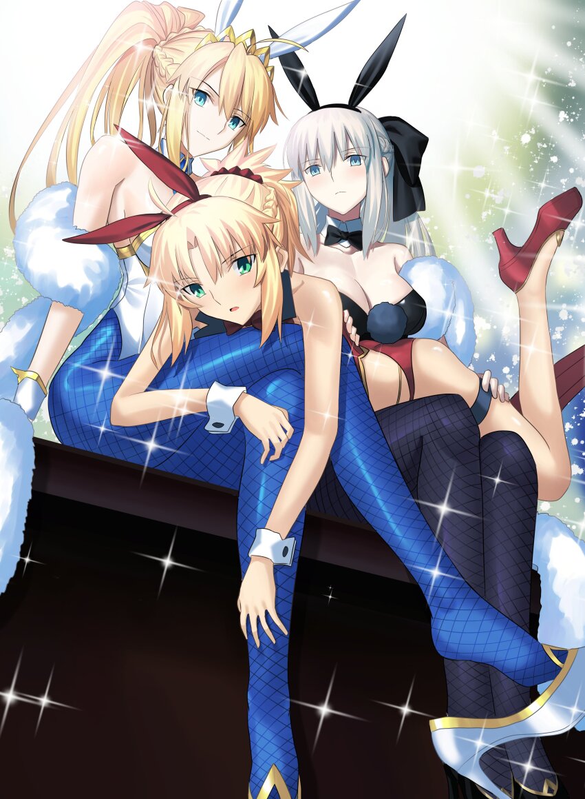 3girls absurdres alternate_costume animal_ears artoria_pendragon_(fate) artoria_pendragon_(lancer)_(fate) artoria_pendragon_(swimsuit_ruler)_(fate) artoria_pendragon_(swimsuit_ruler)_(first_ascension)_(fate) bare_shoulders black_leotard black_pantyhose blonde_hair blue_eyes blue_pantyhose blush breasts cleavage commentary crossed_legs english_commentary fake_animal_ears fate/grand_order fate_(series) feather_boa fishnet_pantyhose fishnets grey_hair high_heels highres large_breasts leotard long_hair longdq3008 looking_at_viewer mordred_(fate) morgan_le_fay_(fate) multiple_girls official_alternate_costume pantyhose playboy_bunny ponytail rabbit_ears sitting strapless strapless_leotard thighs white_leotard wrist_cuffs