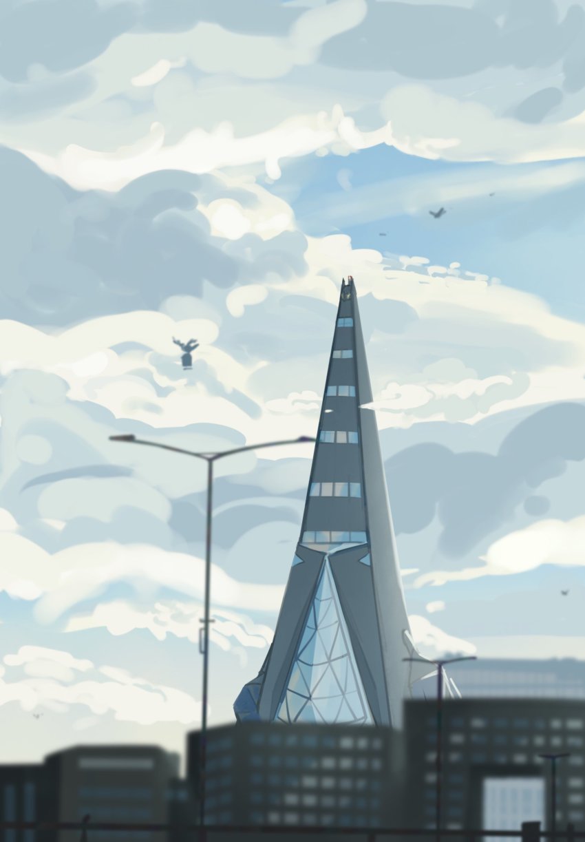 bird blurry building city cloud commentary_request corviknight day draw_pann33 duraludon fence flying from_below gen_8_pokemon gigantamax gigantamax_duraludon highres lamppost nintendo outdoors pokemon pokemon_(creature) sky window