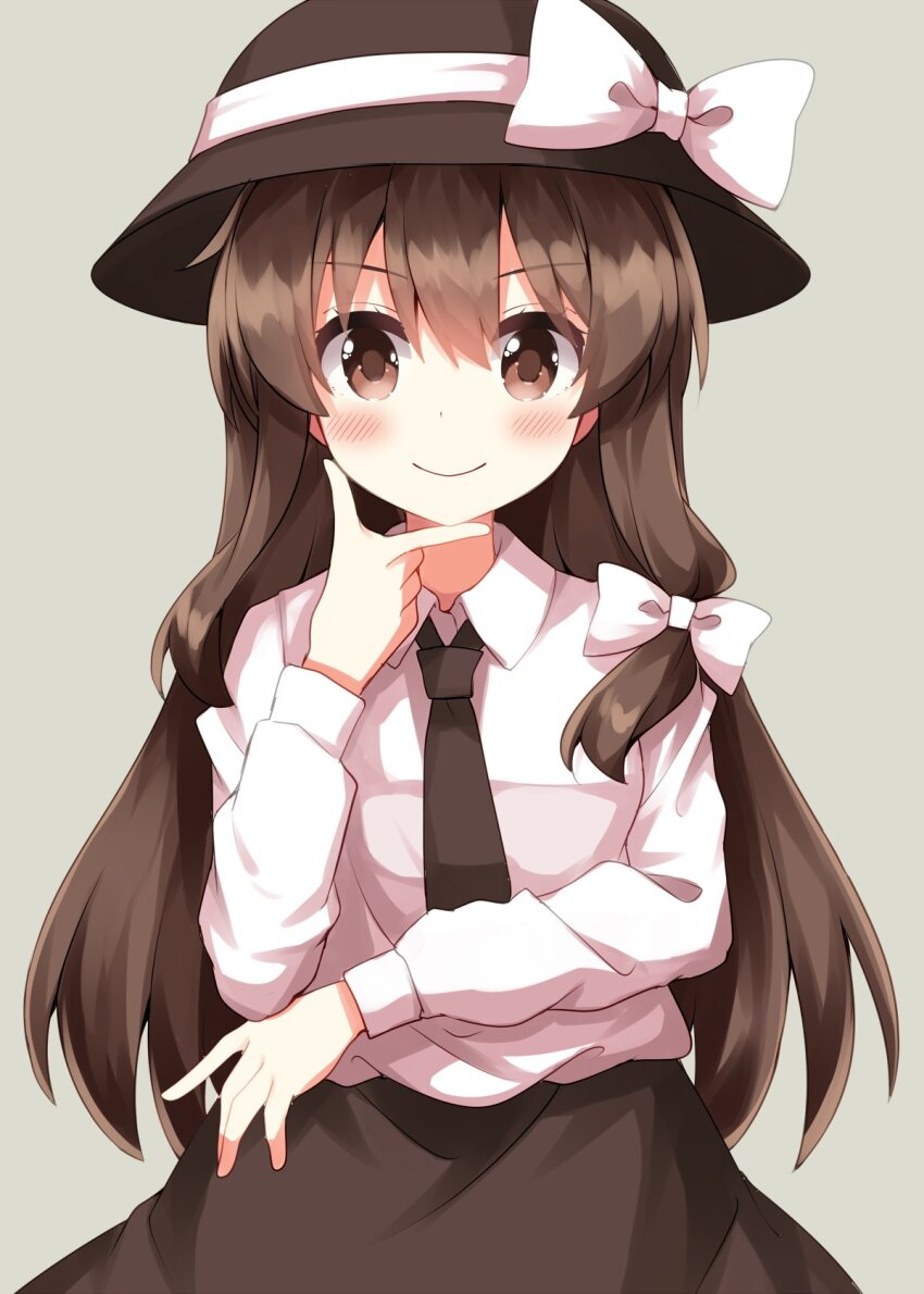1girl alternate_hair_length alternate_hairstyle black_hat black_necktie black_skirt bow brown_eyes brown_hair closed_mouth collared_shirt commentary cowboy_shot grey_background hair_bow hand_on_own_chin hat hat_bow highres long_hair long_sleeves looking_at_viewer necktie ruu_(tksymkw) shirt simple_background skirt smile solo touhou usami_renko white_bow white_shirt