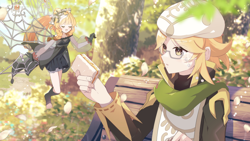 1boy 1girl aromage_cananga aromalilith_rosalina barefoot bench beret black_coat black_dress black_gloves black_shirt black_tunic blonde_hair bush closed_eyes coat dappled_sunlight dress duel_monster facing_another facing_to_the_side fairy fairy_wings falling_petals flying food forest giving_food glasses gloves grey-framed_eyewear hair_ribbon hand_up hat highres holding holding_food holding_sandwich leaf light_particles looking_at_another nature offering_hand on_bench open_mouth outdoors petals pink_petals ponytail popped_collar ribbon sandwich see-through_clothes see-through_sleeves semi-rimless_eyewear sharing_food shirt sitting sunlight tree tunic white_ribbon white_trim white_tunic winegrapeivy wings yellow_sleeve_cuffs yu-gi-oh!