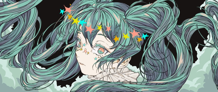 1girl absurdres aqua_hair cloud colored_eyelashes eyelashes floating_hair frills head_wreath highres long_hair looking_at_viewer looking_back maguru_white multicolored_eyes original parted_lips portrait solo star_wreath sticker sticker_on_face twintails two-tone_eyes very_long_hair wreath