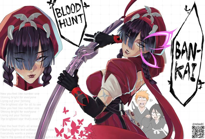 1boy 2girls black_gloves black_hair bleach blue_eyes braid breasts bug butterfly dress gloves hair_over_one_eye hat highres insect kuchiki_rukia kurosaki_ichigo long_hair looking_at_viewer marvel marvel_rivals multiple_girls notaudri official_alternate_costume psylocke psylocke_(blood_kariudo) skirt sword twin_braids weapon