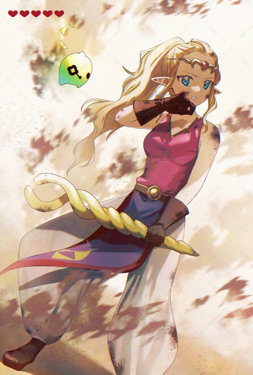 1girl ao_haruki blonde_hair blue_eyes gloves highres holding holding_staff nintendo pants pointy_ears ponytail princess_zelda purple_tunic solo staff the_legend_of_zelda the_legend_of_zelda:_echoes_of_wisdom tri_(zelda) tri_rod tunic