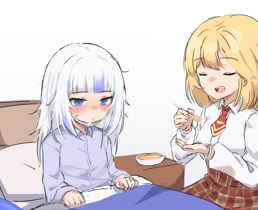 2girls absurdres bed blanket blonde_hair blue_eyes blush closed_eyes commentary english_commentary food gawr_gura highres holding holding_spoon hololive hololive_english klaius long_hair looking_down mask mask_pull medium_hair mouth_mask multicolored_hair multiple_girls on_bed open_mouth pajamas pillow shirt sick simple_background sitting sketch skirt soup spoon streaked_hair sweatdrop teeth under_covers virtual_youtuber watson_amelia watson_amelia_(1st_costume) white_background white_hair white_shirt