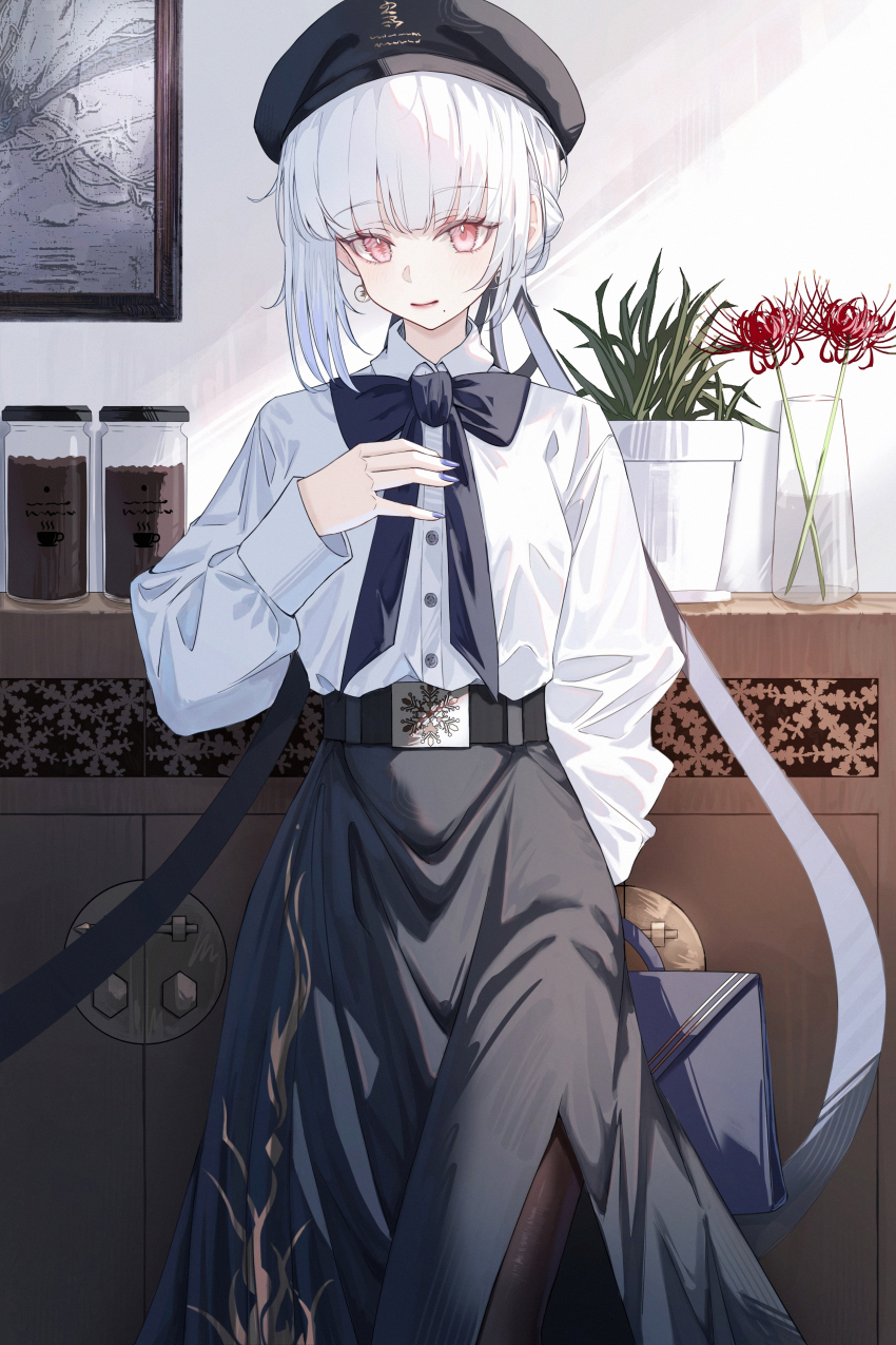 1girl absurdres alternate_costume bag belt beret black_belt black_bow black_bowtie black_hat black_pantyhose black_ribbon black_skirt bow bowtie breasts celly_(mogmog_99) closed_mouth coffee_beans commentary earrings english_commentary fingernails hair_ribbon hand_up hat highres holding holding_bag hoop_earrings indoors jewelry long_ribbon long_skirt long_sleeves looking_at_viewer mismatched_irises mole mole_under_mouth nail_polish pantyhose picture_frame purple_nails red_eyes ribbon sanhua_(wuthering_waves) shirt short_hair skirt small_breasts smile solo tacet_mark_(wuthering_waves) white_hair white_shirt wuthering_waves