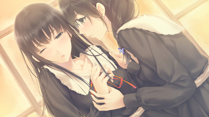 2girls ;o annoyed black_dress blush braid brown_eyes brown_hair collarbone dress dutch_angle flowers_(innocent_grey) from_side game_cg hanabishi_rikka holding_another&#039;s_wrist long_hair long_sleeves multiple_girls official_art one_eye_closed orange_ribbon parted_lips profile puffy_long_sleeves puffy_sleeves ribbon school_uniform shirahane_suou sugina_miki tears upper_body wince window yuri