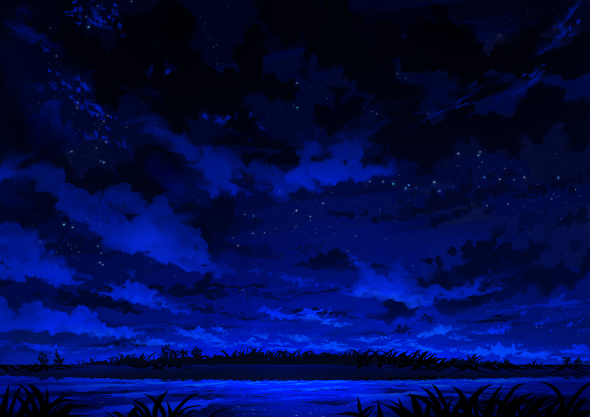 absurdres blue_sky blue_theme cloud cloudy_sky commentary_request grass highres mitsukasa monochrome night no_humans original outdoors partial_commentary reflection reflective_liquid scenery sky sky_focus star_(sky) starry_sky