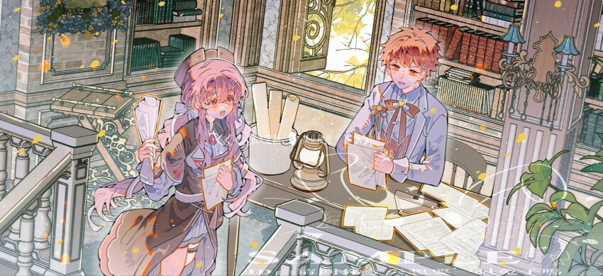1boy 1girl artist_self-insert black_jacket book book_stack bookshelf breasts chair commissioner_insert couple cross cross_print dress emiya_shirou fate/stay_night fate_(series) gaoyue_jixiang groom hat_ornament highres holding holding_book igote indoors jacket library momomiya_shizuku_(gaoyue_jixiang) oc_x_canon orange_hair original quill red_hair table too_many too_many_books voile