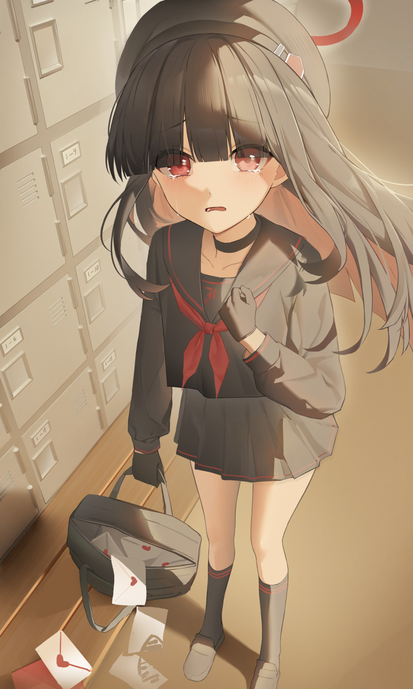 1girl absurdres bag beret black_choker black_gloves black_hair black_hat black_sailor_collar black_serafuku black_shirt black_skirt black_socks blue_archive blunt_bangs blush choker crying crying_with_eyes_open ggoong_(pooplambgoong22) gloves hair_over_eyes halo hat highres holding holding_bag justice_task_force_member_(blue_archive) letter locker long_hair long_sleeves looking_at_viewer love_letter neckerchief open_mouth red_eyes red_halo red_neckerchief sailor_collar school_bag school_uniform serafuku shirt skirt socks solo standing tearing_up tears