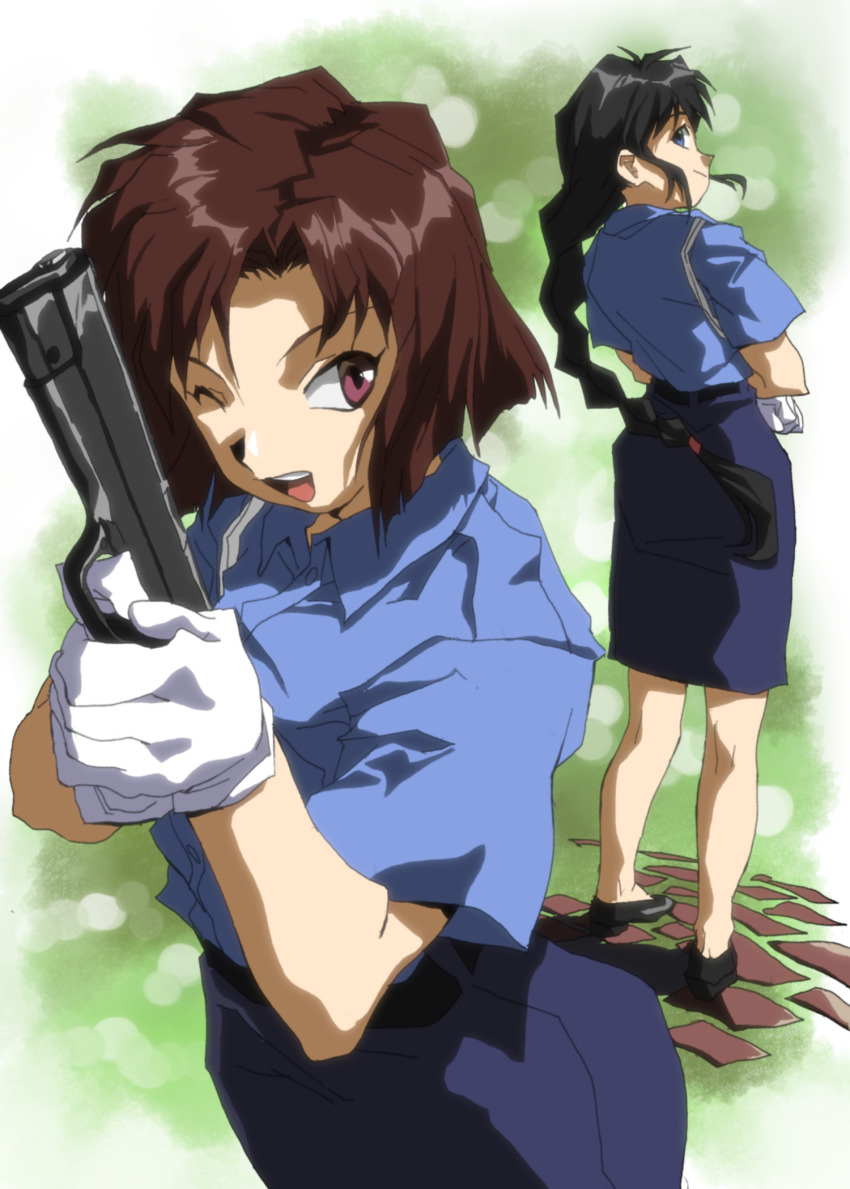 2girls black_hair black_skirt blue_eyes blue_shirt blush braid brown_hair buttons collared_shirt commentary_request gloves gun handgun hands_up happy highres japan_national_police kobayakawa_miyuki long_hair multiple_girls open_mouth parted_lips pencil_skirt police police_uniform policewoman red_eyes shino_(2919) shirt short_hair short_sleeves single_braid skirt smile swept_bangs taiho_shichauzo tsujimoto_natsumi weapon white_gloves
