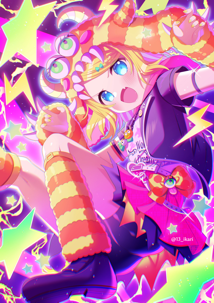 1girl :d arm_warmers ass bike_shorts blonde_hair blue_eyes blush claw_pose commentary_request fang fingernails hand_up hibiku_twilight_parade_(project_sekai) highres ikari_(aor3507) jacket kagamine_rin leg_warmers lightning_bolt_symbol looking_at_viewer nail_polish open_clothes open_jacket open_mouth pink_skirt pleated_skirt project_sekai purple_jacket purple_shoes purple_shorts sharp_fingernails shirt shoe_soles shoes short_shorts short_sleeves shorts skirt sleeves_past_wrists smile solo star_(symbol) striped swept_bangs twitter_username white_shirt wonderlands_x_showtime_rin yellow_nails