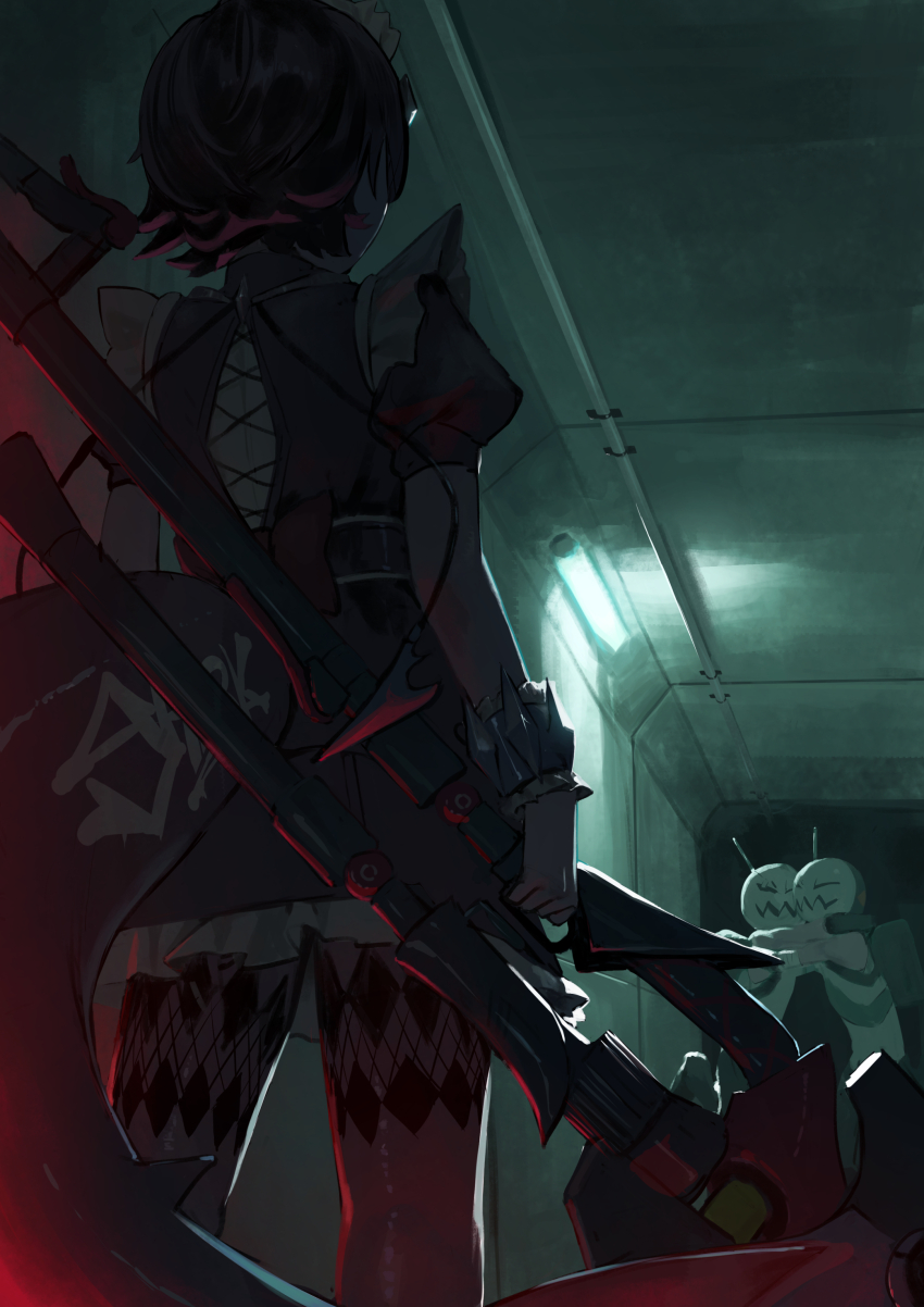 1girl 2boys absurdres black_dress black_hair black_pantyhose dark dim_lighting dress ellen_joe facing_away feet_out_of_frame fins fish_tail fluorescent_lamp frilled_dress frilled_wrist_cuffs frills from_behind gomashiwo_o highres holding holding_weapon hollow_thug_raider_(zenless_zone_zero) hug indoors maid maid_headdress multiple_boys pantyhose puffy_short_sleeves puffy_sleeves scared shark_girl shark_tail short_hair short_sleeves standing tail weapon wrist_cuffs zenless_zone_zero