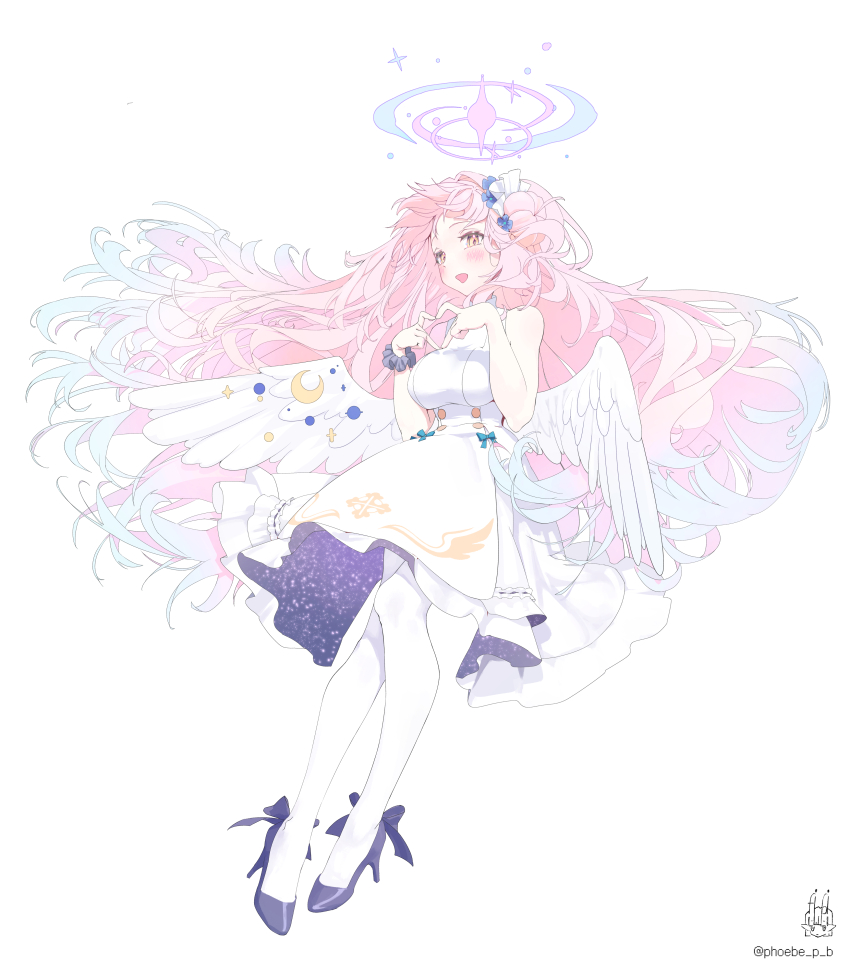 1girl absurdres angel_wings blue_archive blue_shoes blush breasts commentary dress feathered_wings finger_heart full_body gradient_hair hair_bun halo high_heels highres long_hair looking_at_viewer medium_breasts mika_(blue_archive) multicolored_hair open_mouth pantyhose phoebe_(user_vvpf4584) pink_hair pink_halo scrunchie shoes simple_background single_side_bun sleeveless sleeveless_dress smile solo twitter_username white_background white_dress white_pantyhose white_wings wings wrist_scrunchie yellow_eyes