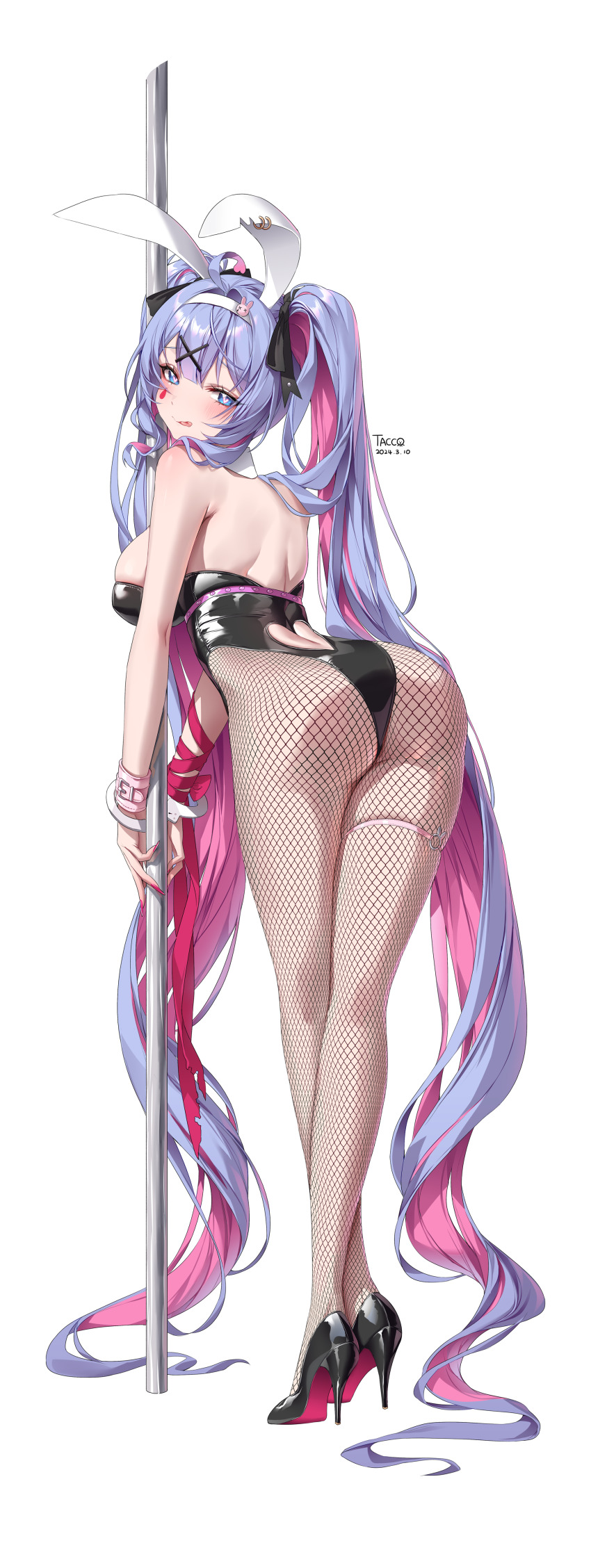 1girl :q absurdly_long_hair absurdres ahoge animal_ears arched_back ass back bare_arms bare_shoulders bent_over black_leotard black_shoes blue_eyes bound bound_wrists breasts closed_mouth clothing_cutout crossed_legs cuffs facial_mark fake_animal_ears fingernails fishnet_pantyhose fishnets from_behind full_body hair_ornament hair_ribbon hairband hairclip handcuffs hatsune_miku heart heart-shaped_pupils heart_cutout high_heels highleg highleg_leotard highres leotard long_fingernails long_hair long_legs looking_at_viewer looking_back makeup medium_breasts multicolored_hair nail_polish naughty_face pantyhose patent_heels pink_hair playboy_bunny pole pumps purple_hair rabbit_ears rabbit_hole_(vocaloid) red_soles ribbon shoes simple_background skindentation smile solo standing stiletto_heels strapless strapless_leotard stripper_pole symbol-shaped_pupils tacco_(tikeworld) thigh_strap thighs tongue tongue_out twintails two-tone_hair very_long_hair vocaloid watson_cross white_background x_hair_ornament