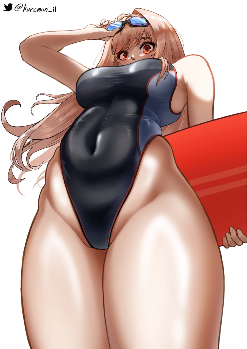 1girl black_one-piece_swimsuit blush breasts brown_hair choker competition_swimsuit covered_navel curvy eyebrows_hidden_by_hair eyewear_on_head from_below glasses goddess_of_victory:_nikke highleg highleg_one-piece_swimsuit highres holding holding_removed_eyewear holding_surfboard kuremon large_breasts long_hair navel one-piece_swimsuit orange_eyes rapi_(classic_vacation)_(nikke) rapi_(nikke) reaching shiny_skin simple_background skin_tight solo stomach sunglasses surfboard swimsuit thick_thighs thighs towel twitter_username two-tone_swimsuit unworn_eyewear white_background wide_hips