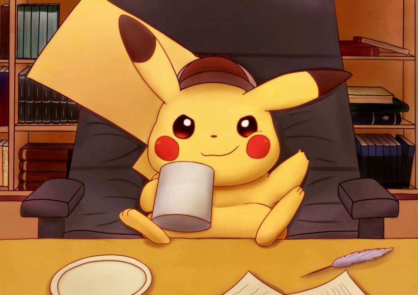 blush_stickers chair clothed_pokemon coffee_mug cup deerstalker detective_pikachu_(character) detective_pikachu_(game) detective_pikachu_(series) feet_on_table gen_1_pokemon hat mug myuu_(mewsaur) nintendo no_humans pikachu plate pokemon pokemon_(creature) quill sitting smirk solo table tail