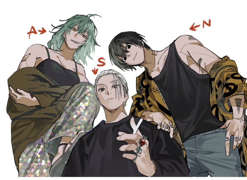 1girl 2boys akao_rion arm_tattoo black_eyes black_hair black_shirt black_tank_top blue_hair blue_pants cigarette closed_mouth cowboy_shot grey_footwear grey_pants hair_pulled_back hand_tattoo holding holding_cigarette jacket jewelry long_hair long_sleeves mouth_hold multiple_boys nagumo_(sakamoto_days) off_shoulder pants ring sakamoto_days sakamoto_taro sakamoto_taro_(skinny) sandals shirt simple_background single_off_shoulder smile standing tank_top tattoo white_background white_hair yangmirak yellow_eyes yellow_jacket