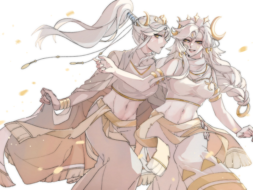 2girls animal_ears cat_ears chuo4016 high_ponytail highres long_hair looking_at_viewer mao_mao_(sky:_children_of_the_light) moon_(ornament) multiple_girls ponytail prophet_of_water short_hair simple_background sky:_children_of_the_light very_short_hair white_hair yuri