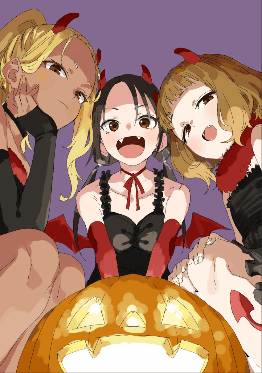 3girls black_dress black_hair blonde_hair brown_eyes brown_hair collarbone commentary_request dark-skinned_female dark_skin demon_horns demon_wings dress fake_horns fangs frilled_dress frills halloween highres himemiya_yuki horns ichinose_karina jack-o&#039;-lantern long_hair low_twintails manemane_nichinichi multiple_girls nagisa_akane nail_polish neck_ribbon open_mouth orange_nails pumpkin purple_background red_horns red_ribbon red_wings ribbon short_hair simple_background squatting twintails wings yamamoto_souichirou