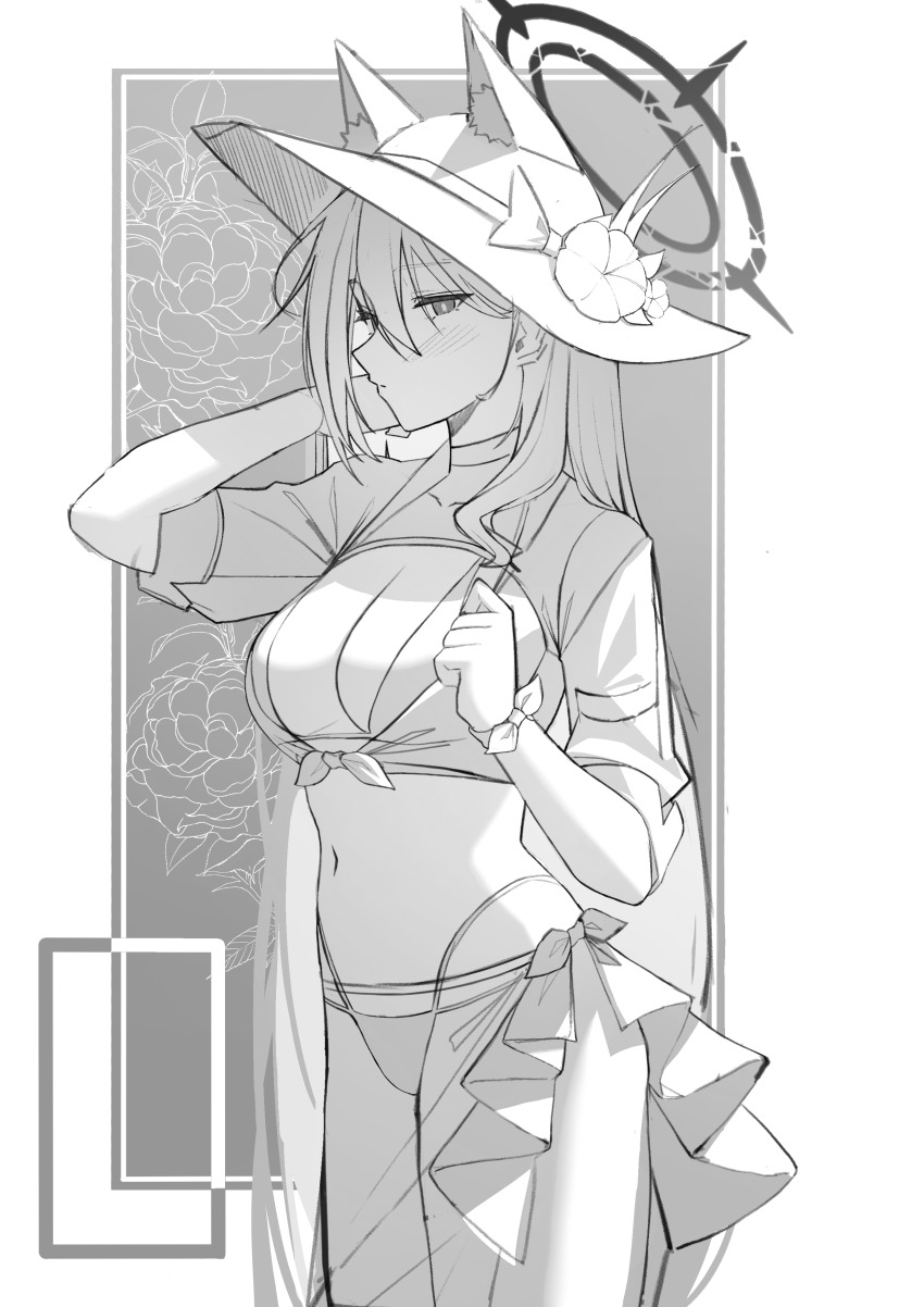 1girl absurdres animal_ear_fluff animal_ears black_halo blue_archive broken_halo choker dark_halo extra_ears greyscale halo highres monochrome pang-yo shiroko_(blue_archive) shiroko_terror_(blue_archive) sketch solo wolf_ears wolf_girl