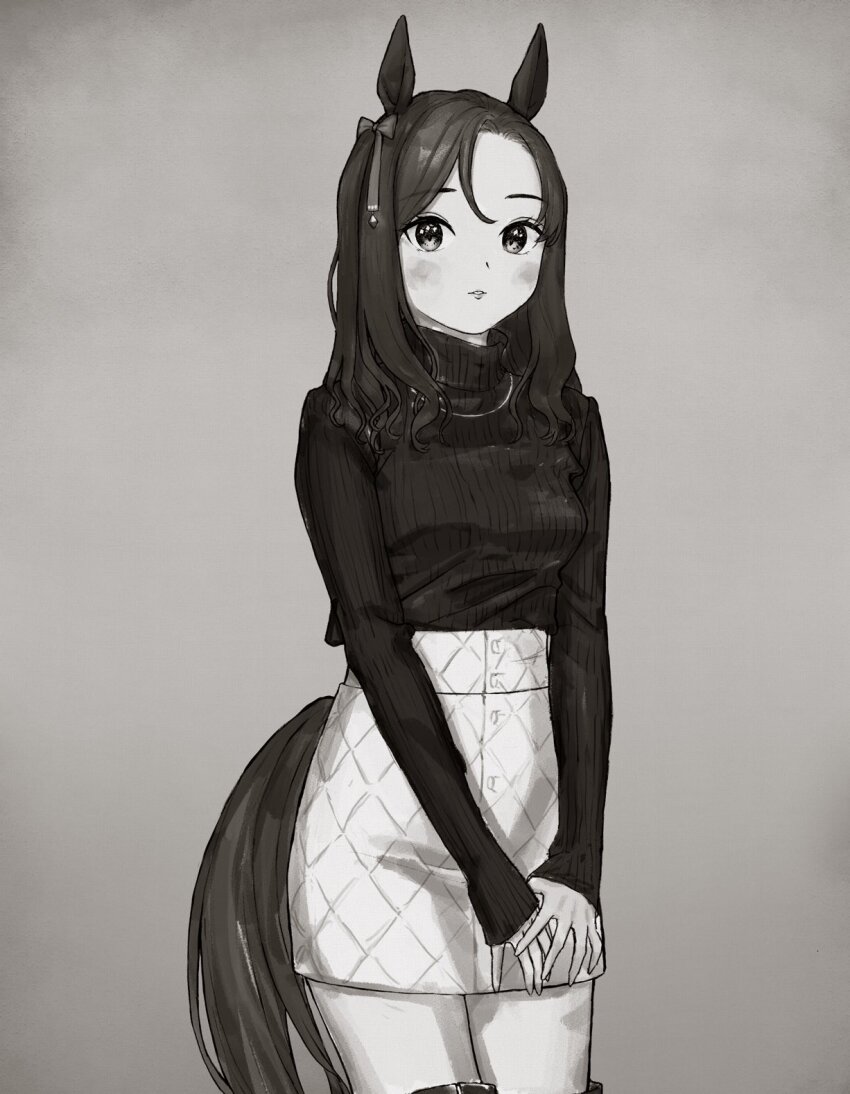 1girl alternate_costume animal_ears blush breasts commentary_request cowboy_shot curry_soba greyscale highres horse_ears horse_girl horse_tail jewelry king_halo_(umamusume) long_hair long_sleeves looking_at_viewer medium_breasts monochrome necklace own_hands_together parted_lips ribbed_sweater simple_background skirt sleeves_past_wrists solo sweater tail turtleneck turtleneck_sweater umamusume