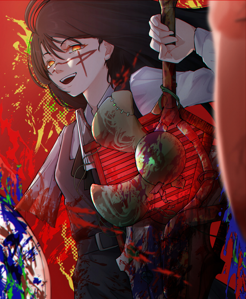 1girl absurdres air_conditioner amputee black_dress black_hair blood blood_on_clothes blood_splatter bloody_weapon chainsaw_man dress floating_hair fourth_east_high_school_uniform hand_up highres holding holding_sword holding_weapon jape_(ja_pehhhh) long_hair long_sleeves looking_at_viewer looking_down missing_limb narrowed_eyes open_mouth orange_eyes pinafore_dress ringed_eyes scar scar_on_face school_uniform shirt sleeveless sleeveless_dress smile solo sword teeth torn_clothes torn_shirt unconventional_weapon upper_body upper_teeth_only weapon white_shirt yellow_eyes yoru_(chainsaw_man)