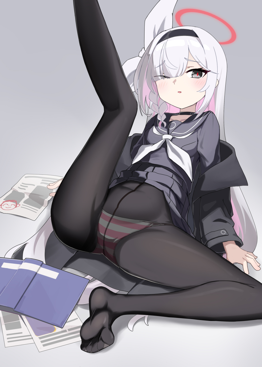 &gt;_o 1girl :o absurdres black_choker black_eyes black_hairband black_jacket black_pantyhose black_sailor_collar black_serafuku black_skirt blue_archive blush book bow braid check_commentary choker clothes_lift collarbone colored_inner_hair commentary_request covered_navel dot_nose eyes_visible_through_hair fallen_down feet foot_out_of_frame foreshortening furrowed_brow gradient_background grey_background grey_sailor_collar grey_serafuku grey_shirt grey_skirt hair_between_eyes hair_bow hair_over_one_eye hair_ribbon hairband halo hands_on_ground high-waist_pantyhose highres jacket jacket_partially_removed kaminari_(edeath) kneepits large_bow layered_sleeves leaning_back leg_up loli long_hair long_sleeves looking_at_viewer multicolored_hair navel neckerchief no_shoes off_shoulder on_ground one_eye_closed open_book open_clothes open_jacket open_mouth panties panties_under_pantyhose pantyhose paper parted_bangs parted_lips pink_hair pink_panties pink_streaks plana_(blue_archive) pleated_skirt raised_inner_eyebrows red_halo red_pupils ribbon sailor_collar school_uniform sensei_(blue_archive) serafuku shirt simple_background single_braid sitting skirt skirt_lift soles solo spread_legs streaked_hair striped_clothes striped_panties thighs toes two-tone_hair underwear very_long_hair white_background white_bow white_hair white_neckerchief white_panties white_ribbon