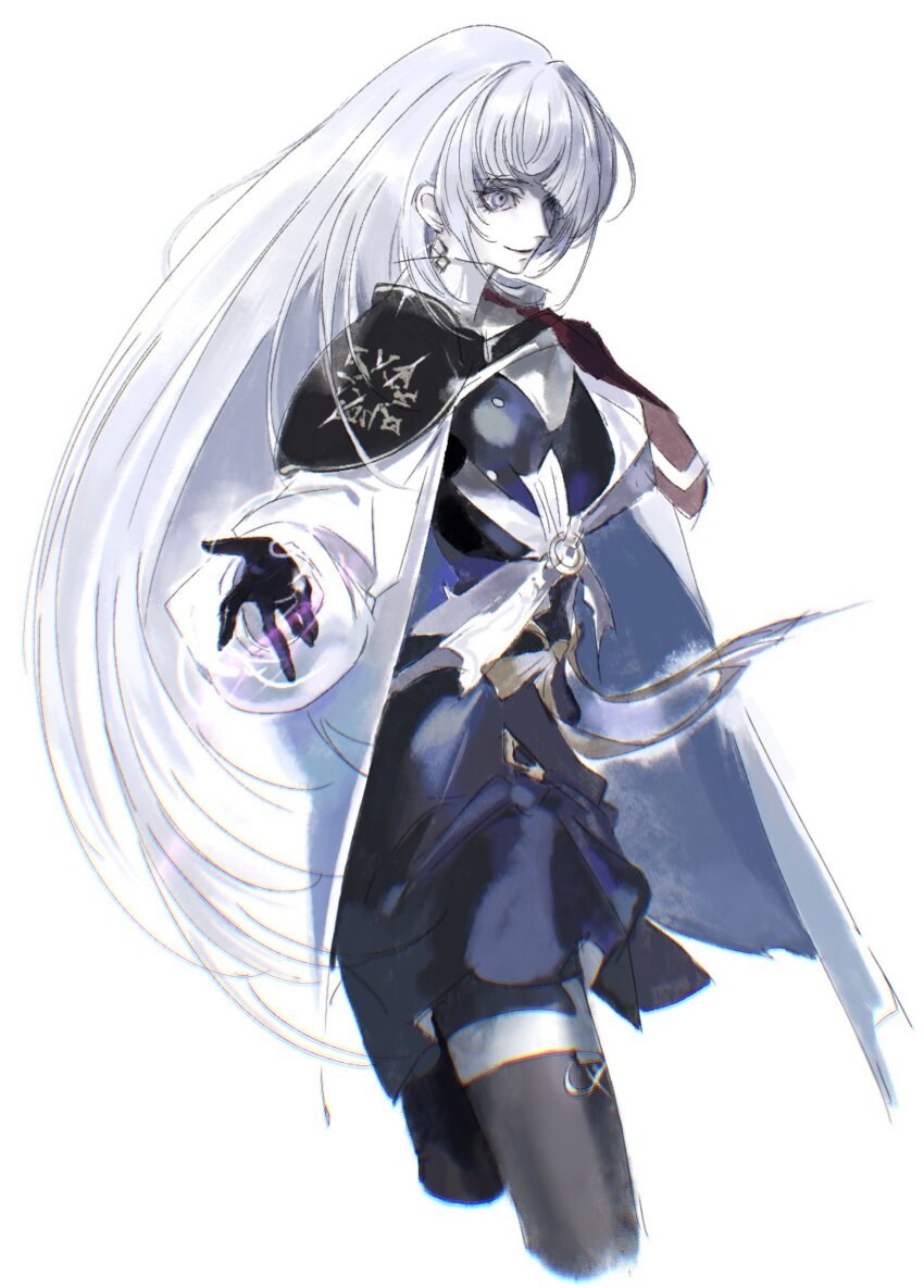 1girl arcaea belt black_gloves blue_eyes bow earrings evil_smile gloves grey_hair highres insight_(arcaea) jewelry long_hair long_sleeves necktie raivarune red_necktie shoulder_pads simple_background smile solo thighhighs white_background yellow_bow