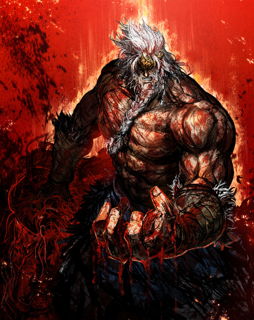 1boy beard blood braid braided_beard circlet clenched_teeth dtcy elden_ring facial_hair highres hoarah_loux male_focus muscular muscular_male red_background serosh_(elden_ring) teeth topless_male white_hair