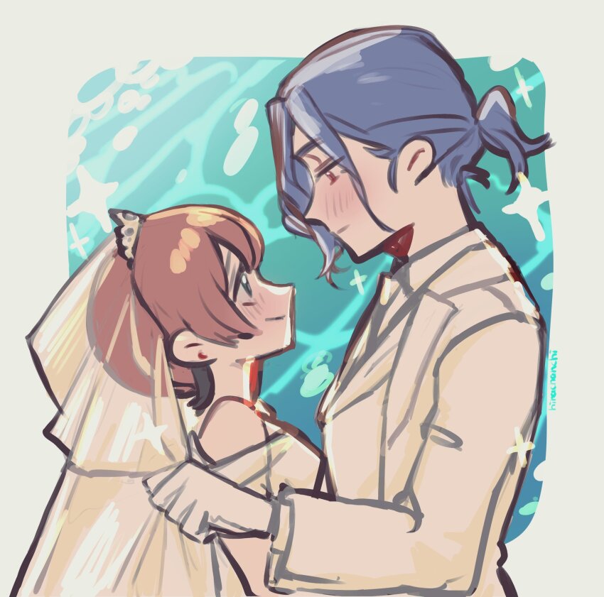 1boy 1girl amate_yuzuriha aqua_eyes blue_hair blush bridal_veil commentary_request dress gundam gundam_gquuuuuux hetero highres hinachanchi_ii looking_at_another ponytail profile red_eyes red_hair short_hair shuji_ito tiara upper_body veil wedding wedding_dress wedding_suit
