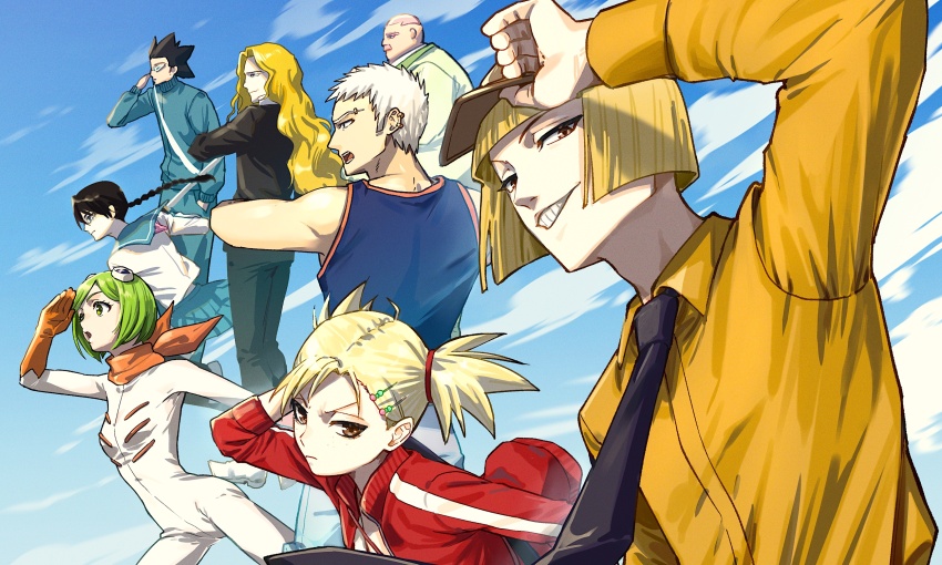 3girls 5boys aikawa_love bandana bandana_around_neck black_hair black_necktie bleach blonde_hair bob_cut bodysuit braid braided_ponytail breasts brown_eyes buzz_cut commentary_request ear_piercing eyebrow_piercing face_piercing facial_hair glasses gloves green_hair hair_ornament hairclip hand_in_pocket highres hirako_shinji jacket kuna_mashiro long_hair muguruma_kensei multiple_boys multiple_girls mustache nanao_itsuki necktie ootoribashi_roujuurou orange_bandana orange_gloves piercing pink_hair sarugaki_hiyori school_uniform serafuku short_hair short_twintails single_braid small_breasts smile teeth toned toned_male track_jacket track_suit twintails ushouda_hachigen very_short_hair wavy_hair white_bodysuit white_hair yadoumaru_lisa