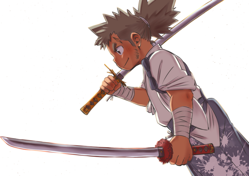 1boy brown_hair dual_wielding dutch_angle ei_(marutendon) hakama high_ponytail holding holding_sword holding_weapon japanese_clothes katana kimono long_hair long_sideburns male_focus musashi_(housamo) ponytail scar scar_on_face sideburns simple_background smile solo sword thick_eyebrows tokyo_houkago_summoners weapon white_background white_kimono