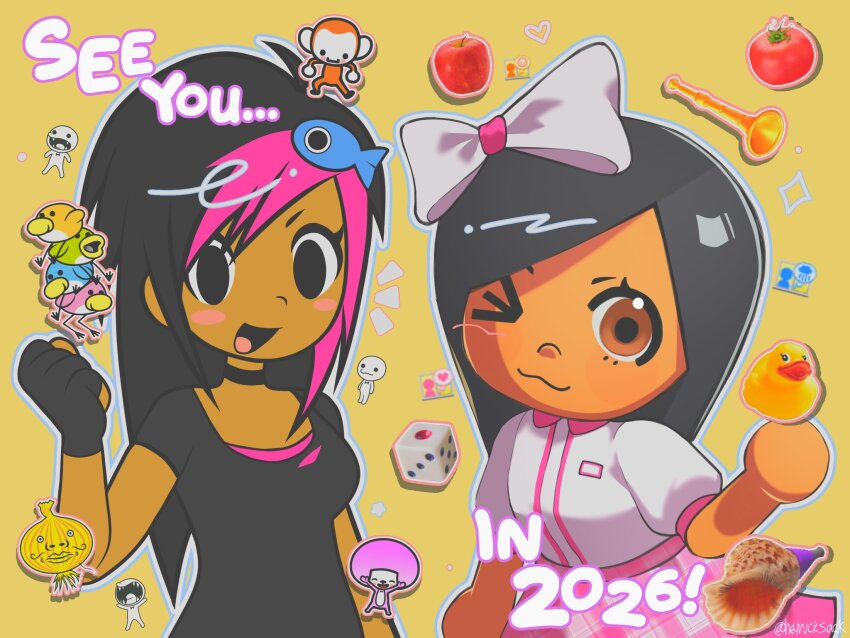 &gt;_o 2girls :d apple black_eyes black_gloves black_hair blush_stickers bow brown_eyes choker dark-skinned_female dark_skin dress english_text fingerless_gloves food fruit gloves hair_bow heyrvcksack highres long_hair looking_at_viewer mii_(nintendo) multicolored_hair multiple_girls nintendo one_eye_closed open_mouth pink_hair puffy_short_sleeves puffy_sleeves rhythm_tengoku shirt short_sleeves skirt smile tomodachi_life two-tone_hair